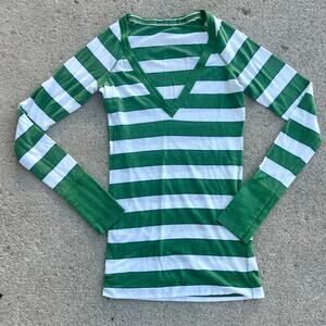 Vintage Y2K Ruehl No. 925 Deep V-Neck Striped Green White Henley XS